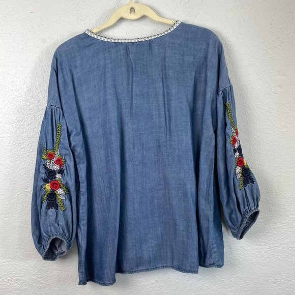 NWT Bobeau Womens Chambray Floral Embroidered Long Sleeve Boho Top Size S - Picture 5 of 6